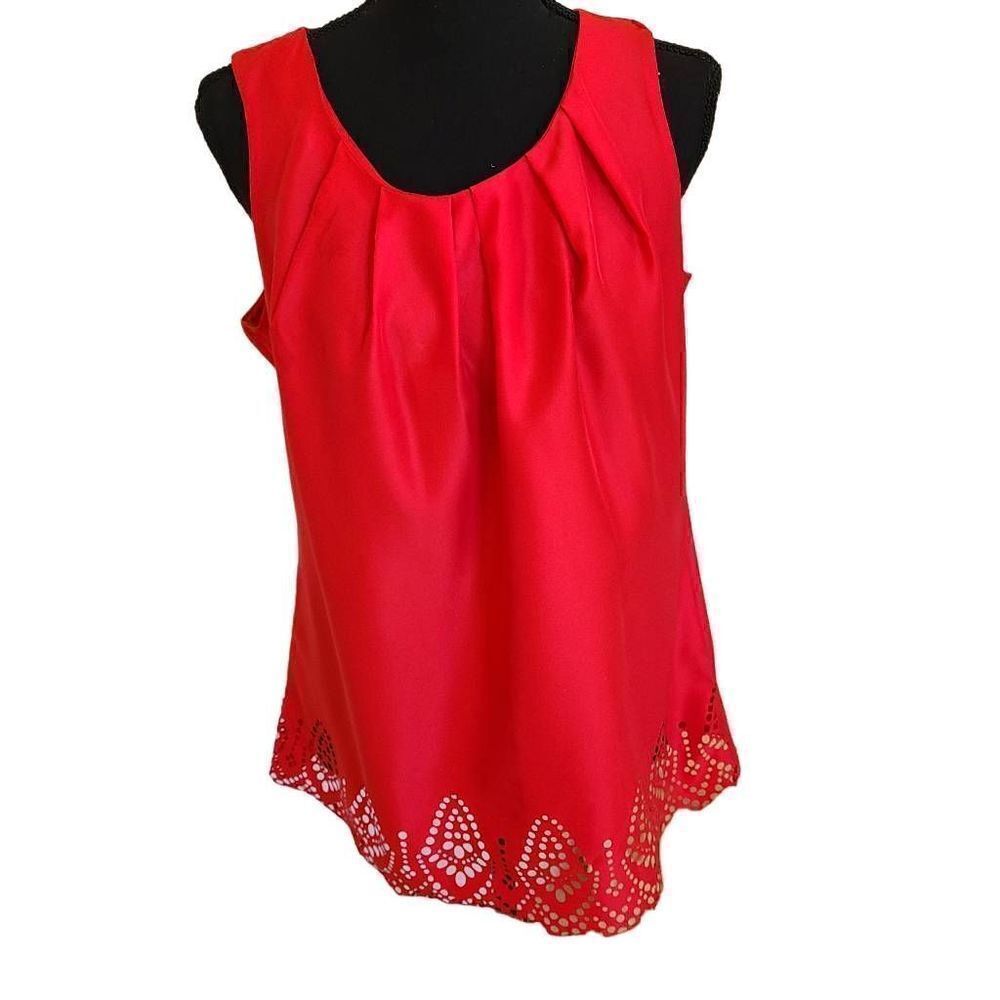 Banana Republic Womens Pleated Neckline Laser Cut Border Red Sleeveless Top Medi